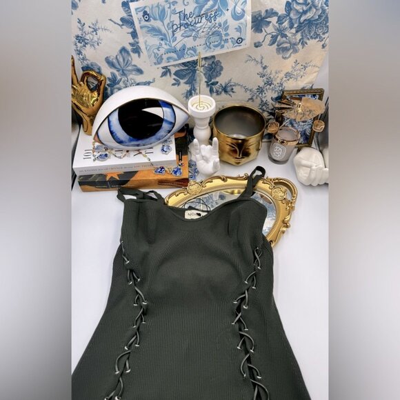 🆕 NICHOLAS 🧿 NWT Palmer Lace Up Ribbed Knit Maxi Dress, Olive Green - Sz M - Picture 2 of 15